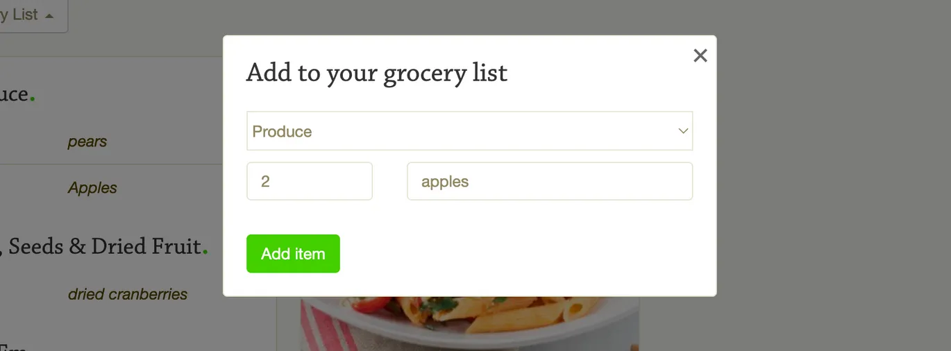 Mealime grocery list modal