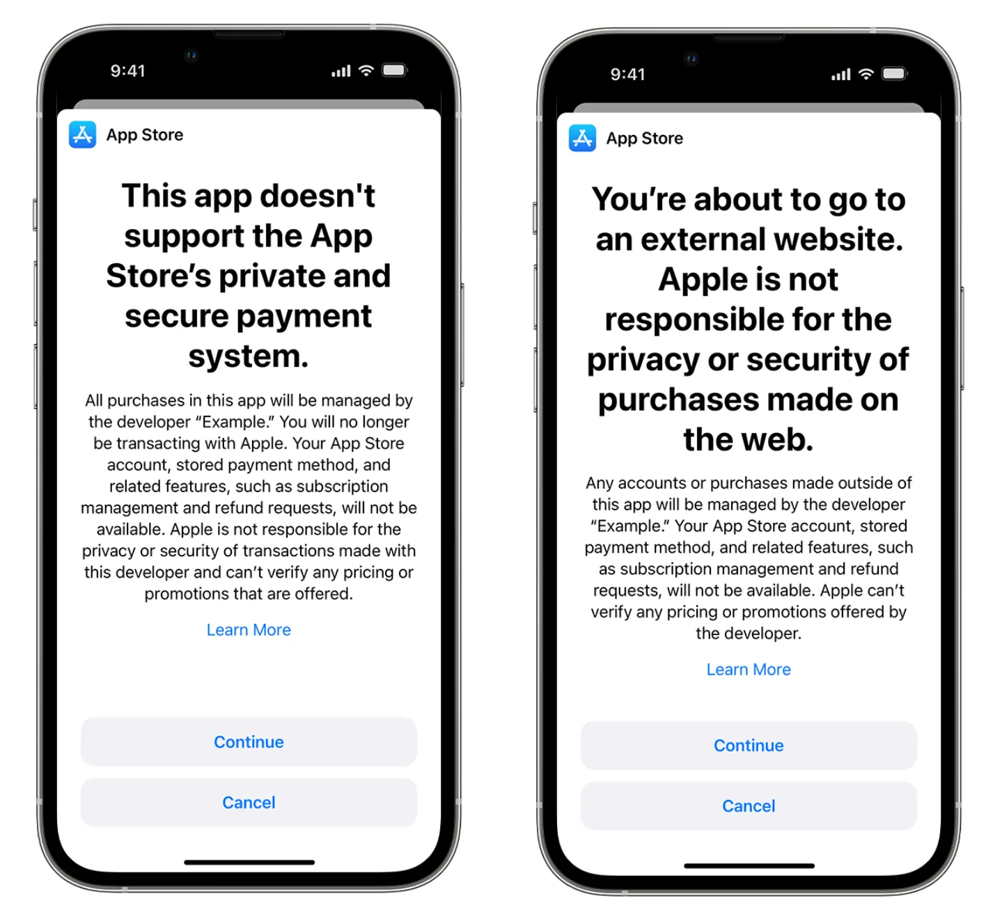 Left scare screen title: This app doesn't support the App Store's private and secure payment system. Right title: You're about to go to an external website. Apple is not responsible for the privacy or security of purchases made on the web.
