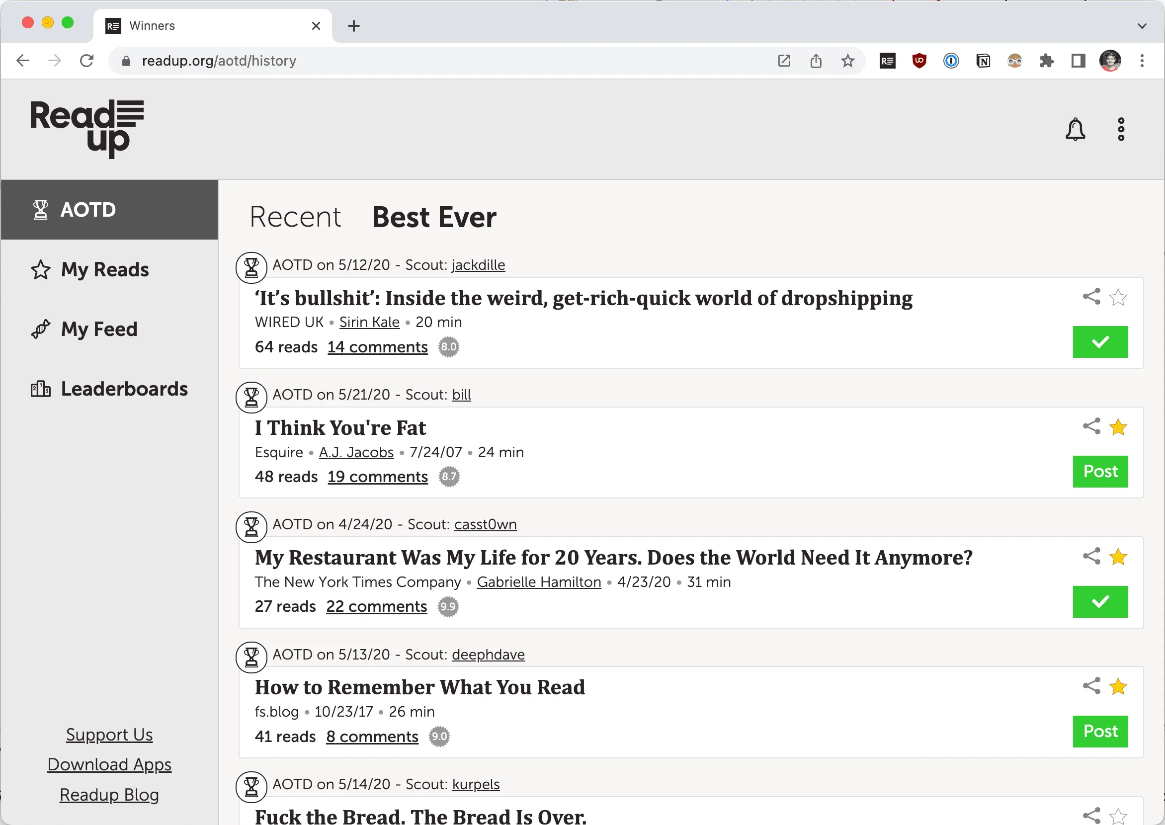 A social reading platform, purpose-built for sharing and discovering articles on the web. Enjoyed by a fun community of devout readers since 2016.