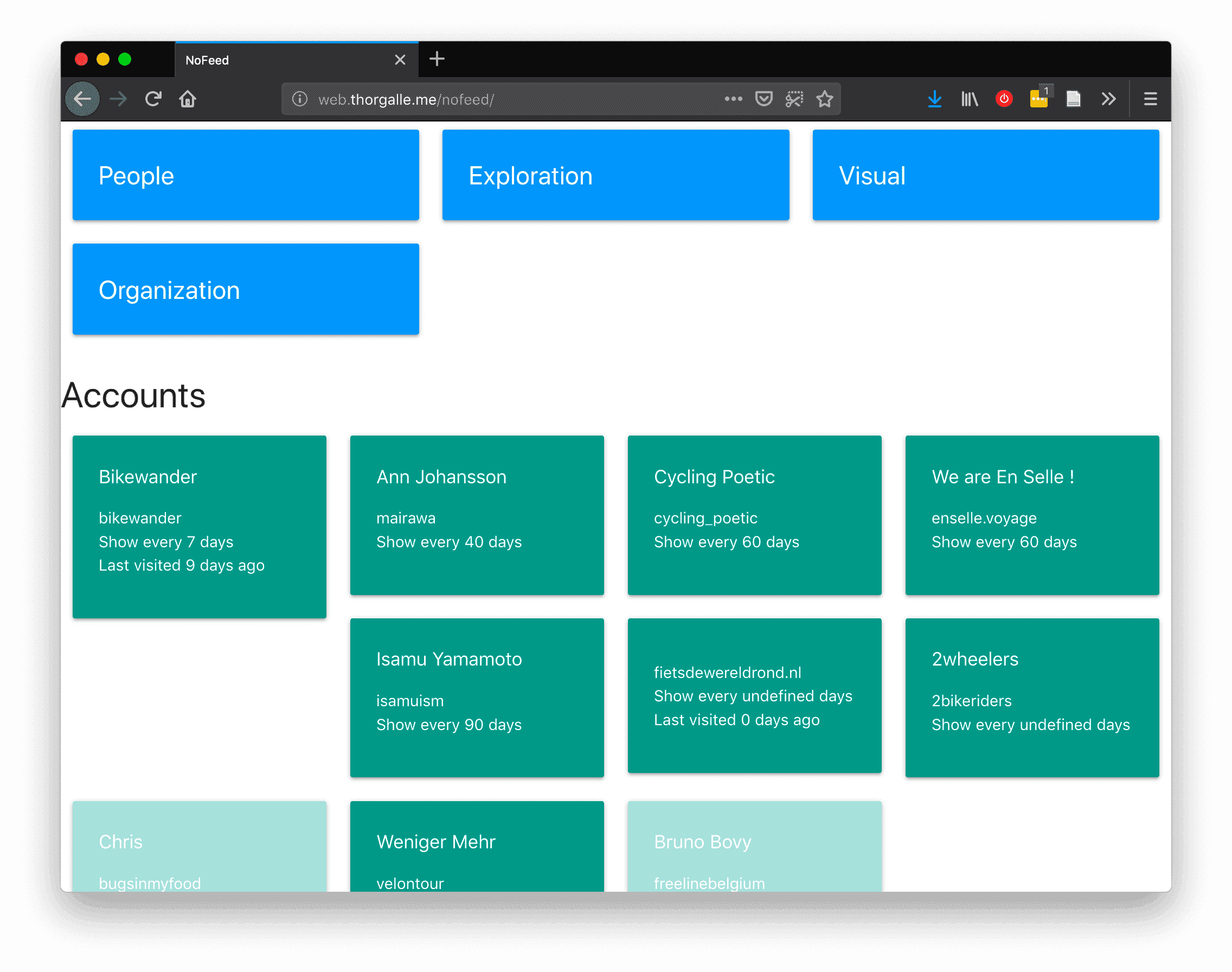 In 2018, I worked on a small proof-of-concept of a "metafeed" of all social media accounts I was interested in following.

The idea was to **control my own social media feed**: to overrule the algorithmic feeds optimized for engagement and ad revenue, to centralize their content, and tune them to my own interests.

However, since most corporate social media platforms didn't have APIs that allowed accessing my own feed (even then), I had to take a different approach: to create my own index of **account/profile page URLs** that I could control.

## How it worked

- I would assign a desired **frequency** to each account, for example; "Show me acount A _at most_ every 7 days". 
- The index would show the account as a link card. That card registered link clicks, and marked these accounts as **visited**. Once they were visited, they became hidden, until for example the specified 7 days had passed.

These "Frequency" settings and "Last visit" statistics would be combined into a sorting order. Accounts that hadn't been visited for a long time, even though it was my intention to visit them regularly, would appear on top.

There was also a way to filter accounts by category, to find categories of updates more intentionally. For example: you might be following several accounts of companies or organizations, to learn about new product updates. But when you're sitting down at night to catch up with the life events of your friends, you want to _avoid_ seeing those updates.

I built a prototype with this logic using an Airtable database and Vue.js.

## Legacy

I only used the prototype in the screenshot for a few weeks. However, around 2020, I created a simple Notion database based on the same concepts. I used that one for several months! And I might again.

What's exciting in 2023, at the time of writing this project description, is that in terms of social media, I'm now mostly active on Readup and Mastodon. Both open platforms that actually _do_ give full access to an API. So maybe some day I'll work on a v2 of this concept, where closed social media profile links are interleaved with actual posts from open social media.

If you already know of a Mastodon client that allows you to granularly tune your own feed, or a similar project, I'm all ears.