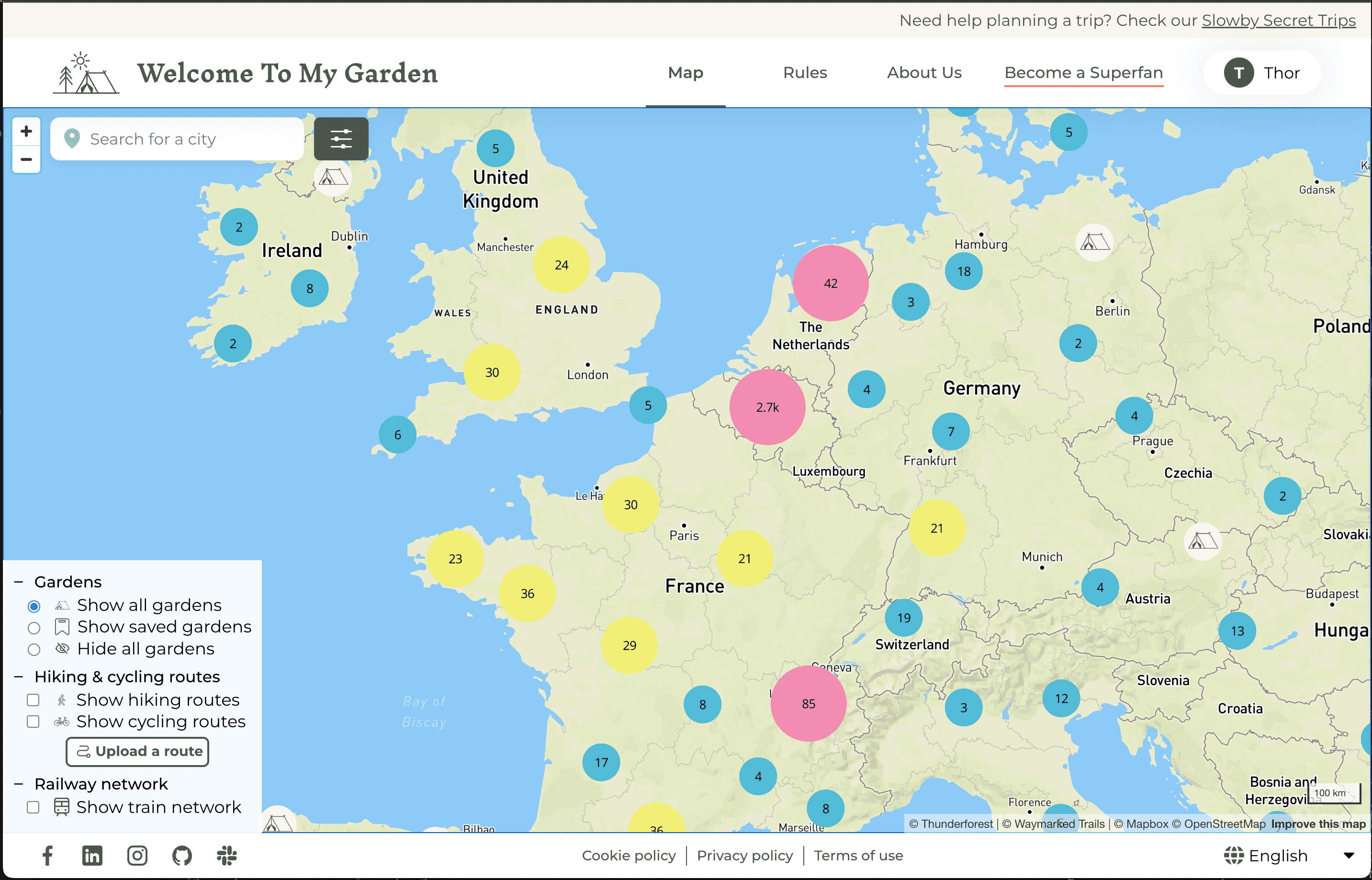 Welcome To My Garden is a free community network where people can share their garden with other slow travellers and plan their next trips. WTMG has an intuitive map with lots of wonderful gardens (mostly in and around Belgium), a simple chat system, and it integrates with [Waymarked Trails](https://waymarkedtrails.org/).

[Superfans](https://welcometomygarden.org/about-superfan), who support us with a yearly membership, also get access to extra tools like uploading `.gpx` files to find gardens along a planned trail, a community space with likeminded travellers, a railway transportation map, and more!