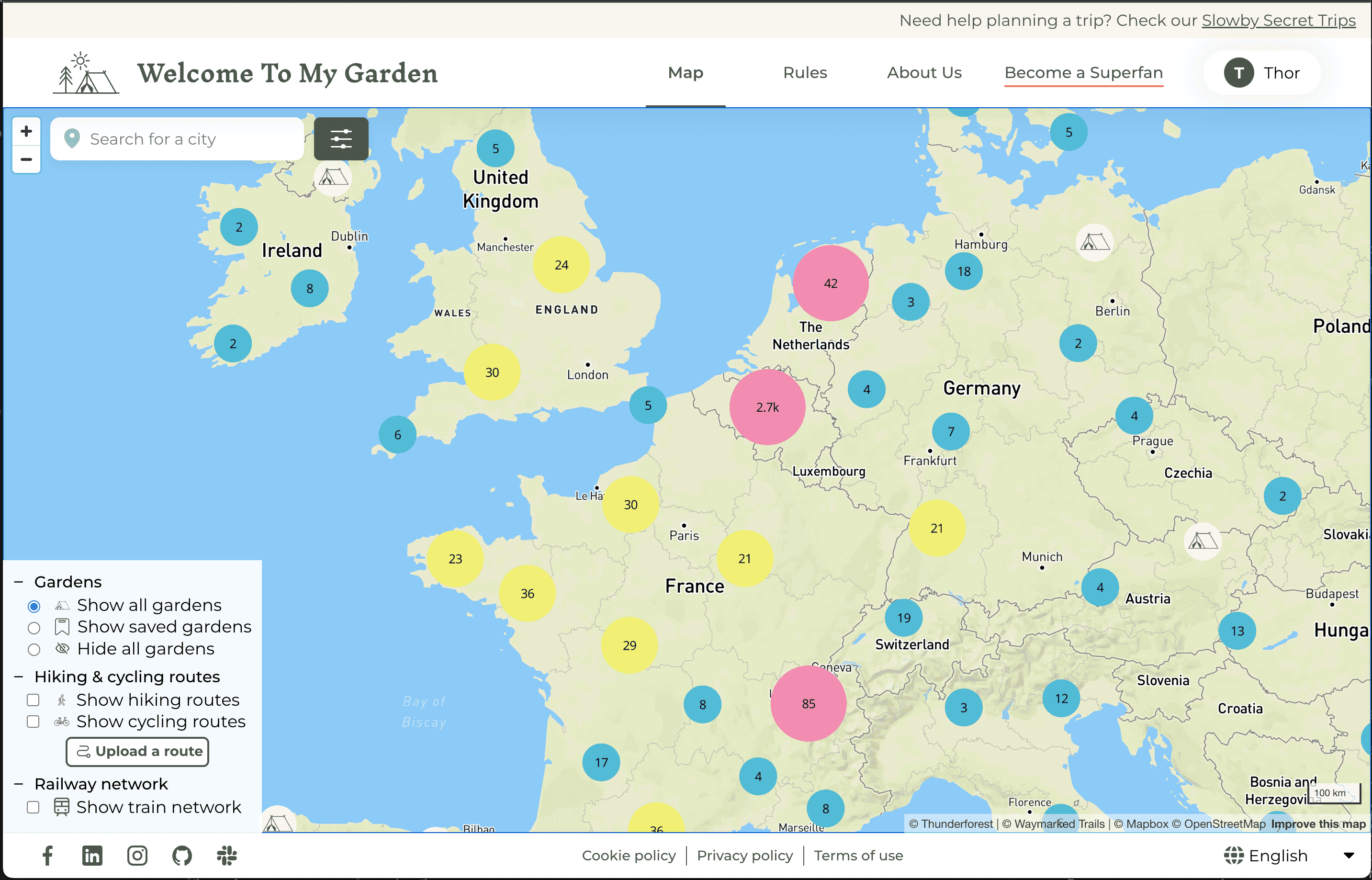 Welcome To My Garden is a community of slow travellers, where travelling members can stay for free in the gardens of WTMG hosts. WTMG has an intuitive map to find hosts along bicycle or hiking paths (it integrates with [Waymarked Trails](https://waymarkedtrails.org/)), and a simple chat system to contact hosts.

WTMG is [member-supported](https://welcometomygarden.org/about-membership). Aside from being able to send stay requests, members get access to extra tools like uploading `.gpx` files to find gardens along a planned trail, a community space with likeminded travellers, a railway transportation map, and more!